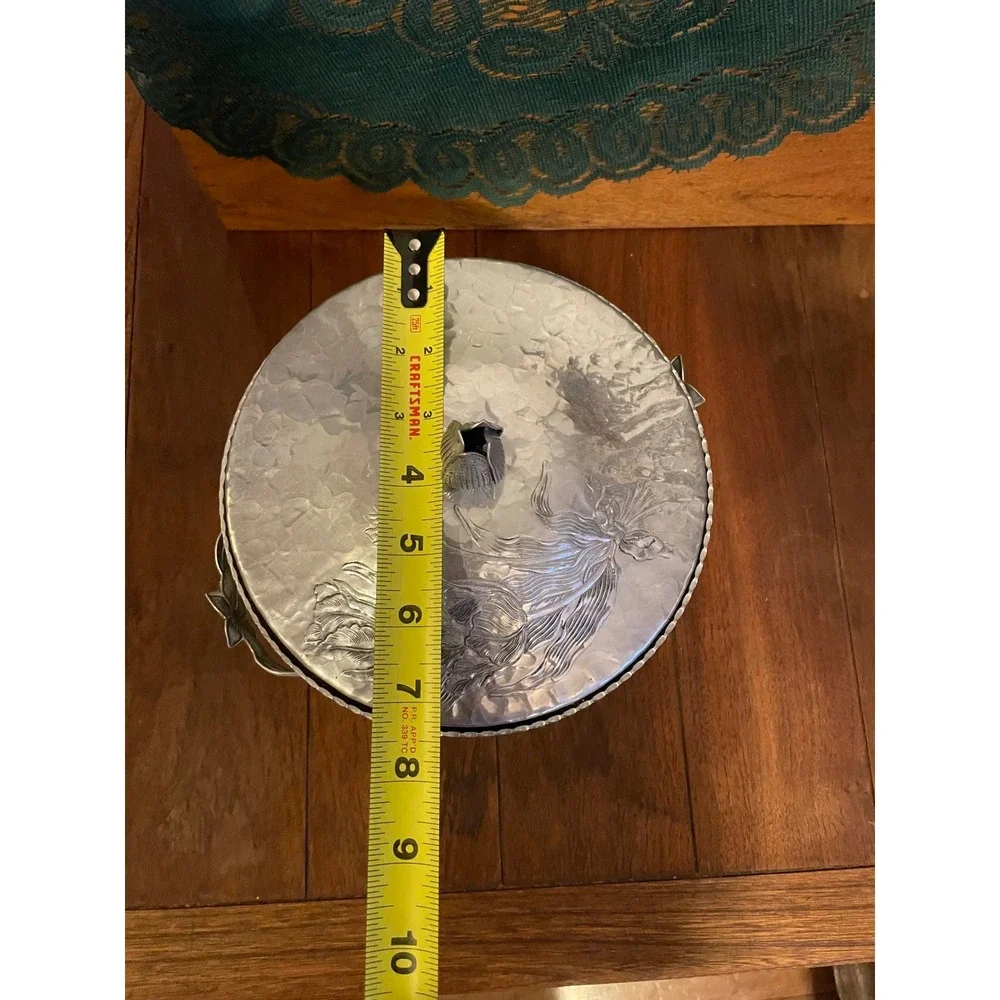 Antique Hammered Aluminum Ice Bucket Floral Tulip Lid Finial Mid Century Modern